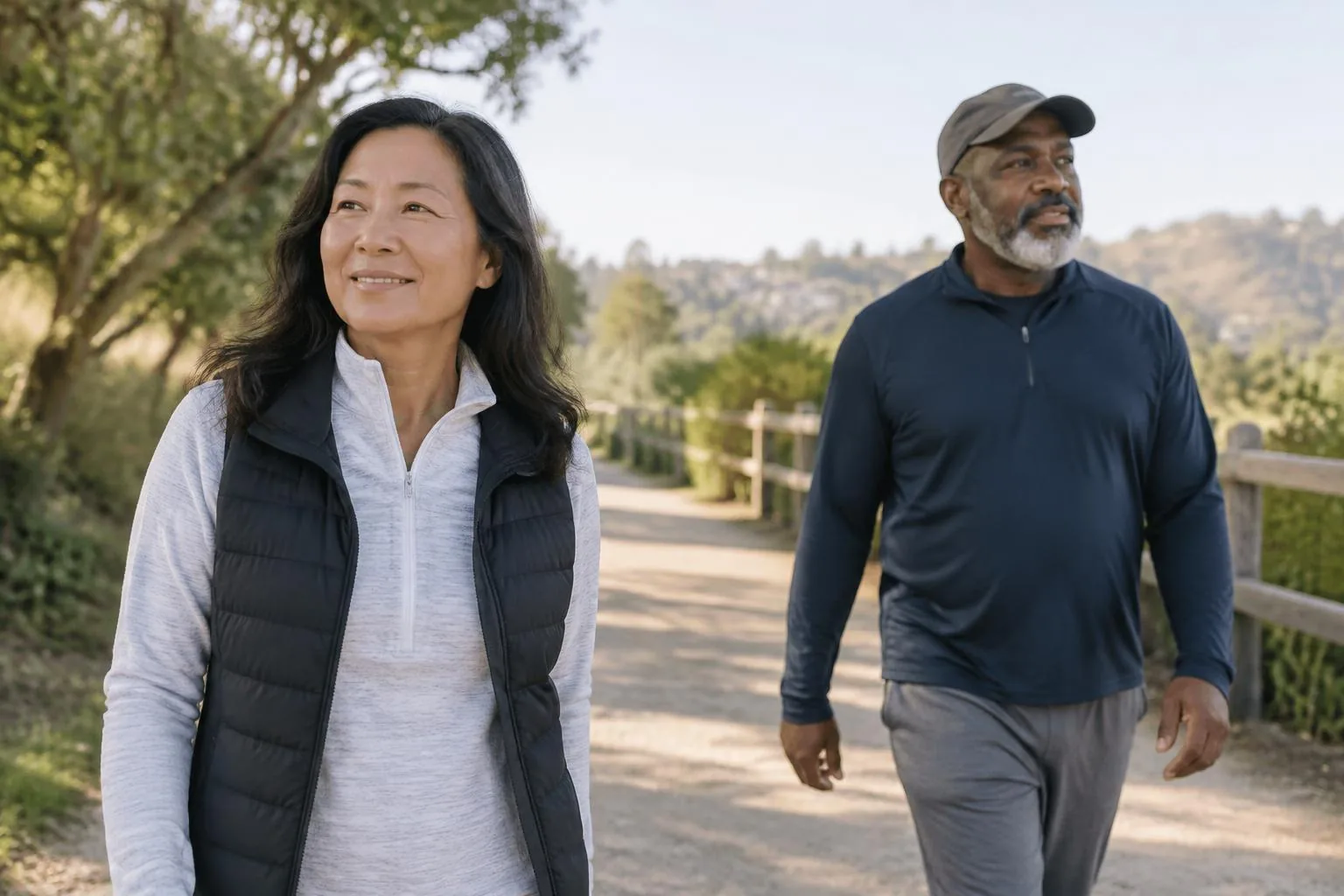 Two healthy adults in their fifties walking outdoors