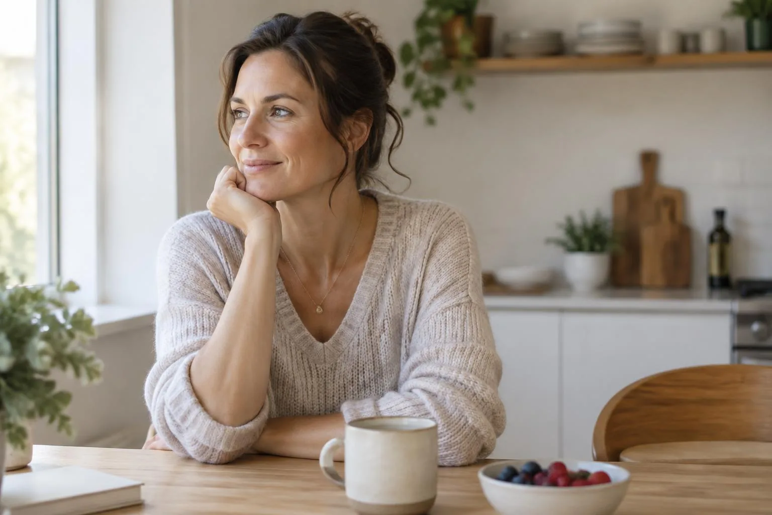 A woman sitting calmly at a sunlit kitchen table
