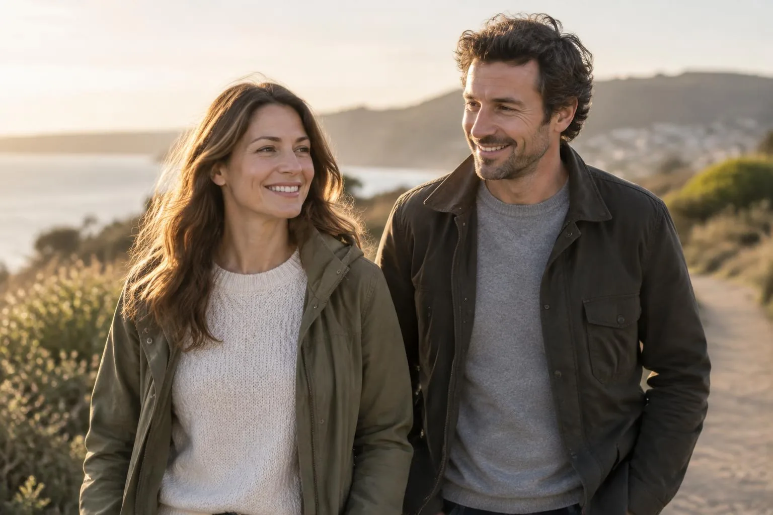 A woman and a man walking together outdoors