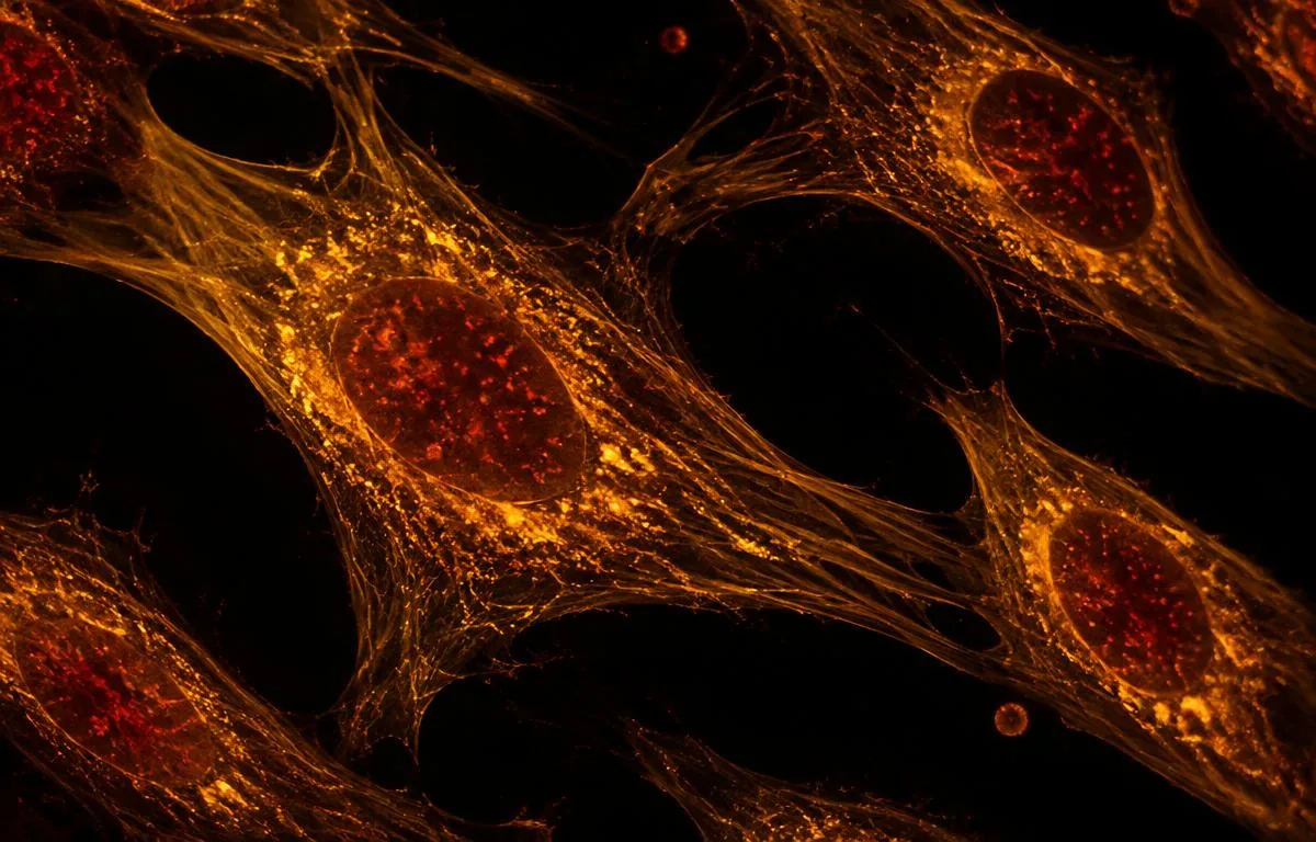 Fluorescence microscopy image of enlarged senescent human fibroblasts