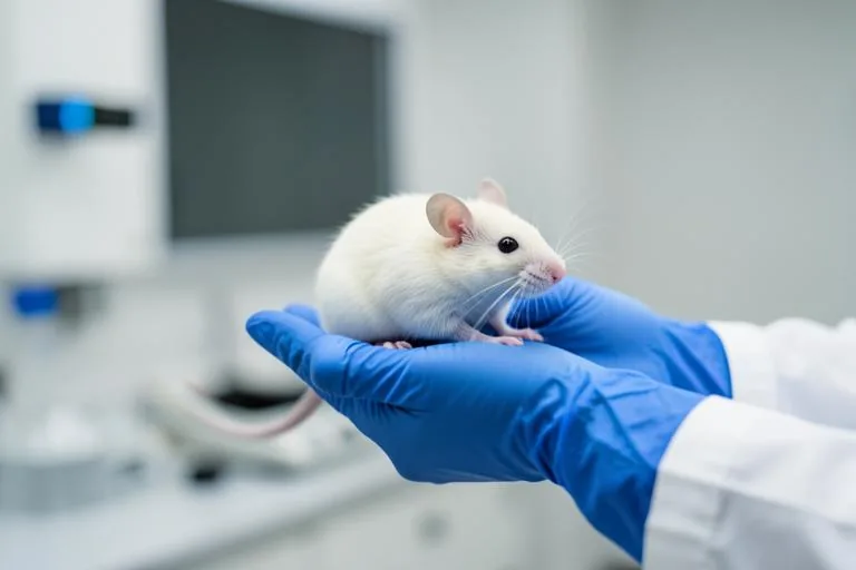 A laboratory mouse resting in a researcher's gloved hands