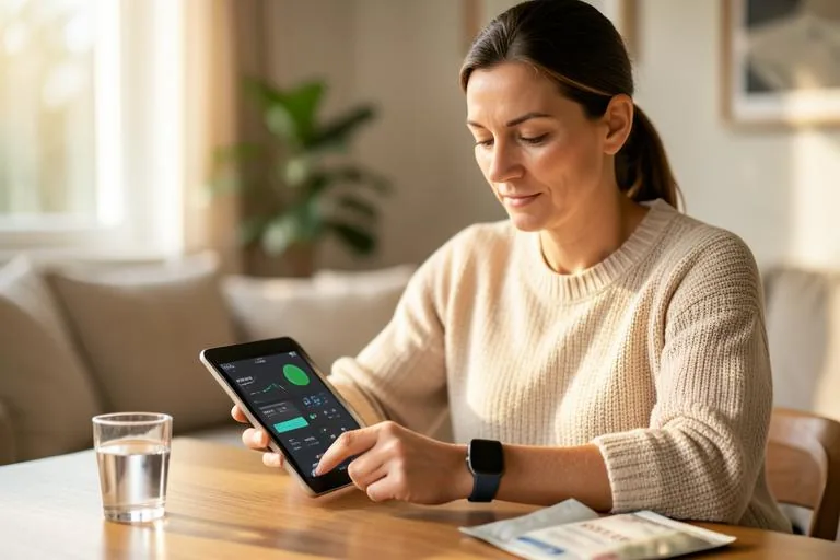 A woman at home reviewing her health metrics on a tablet