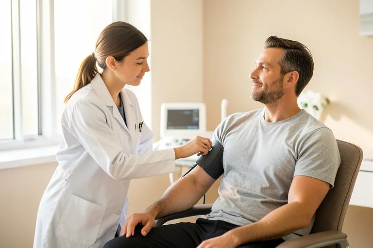 A researcher measuring a study participant's blood pressure