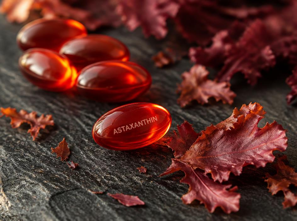 Deep red algae-derived astaxanthin photographed in macro