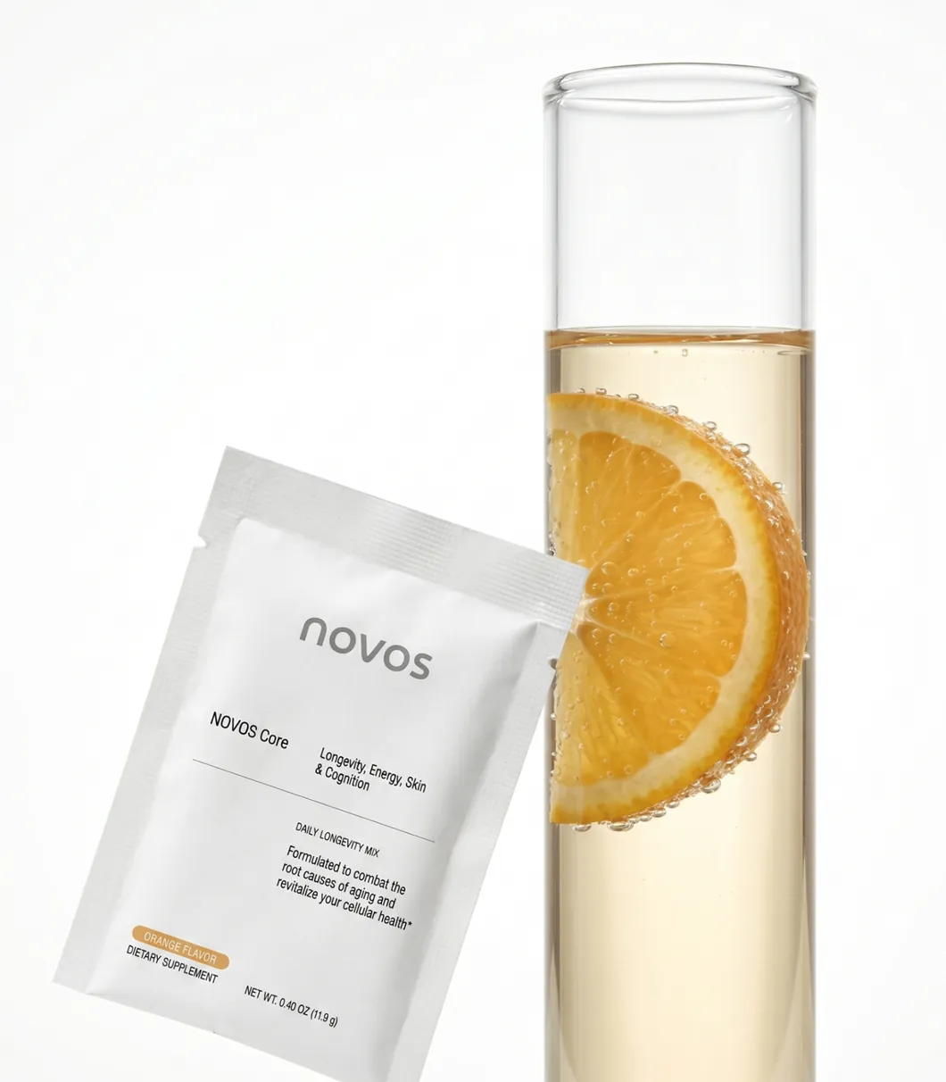 NOVOS Core sachet beside orange drink