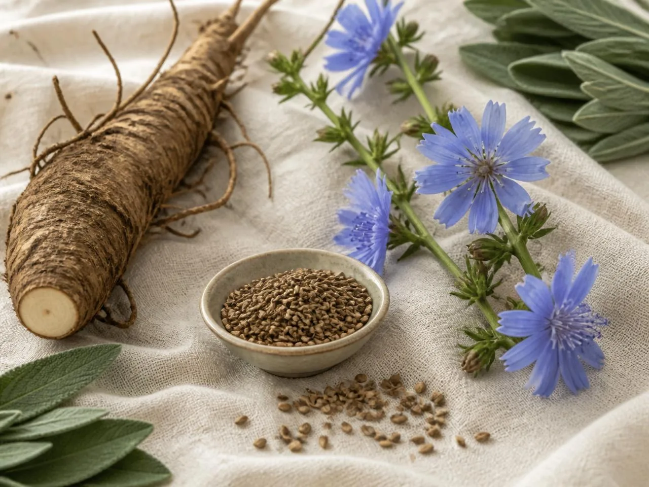 Chicory root and flowers on linen