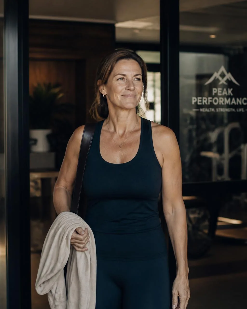 A healthy, active woman in her late forties leaving a gym