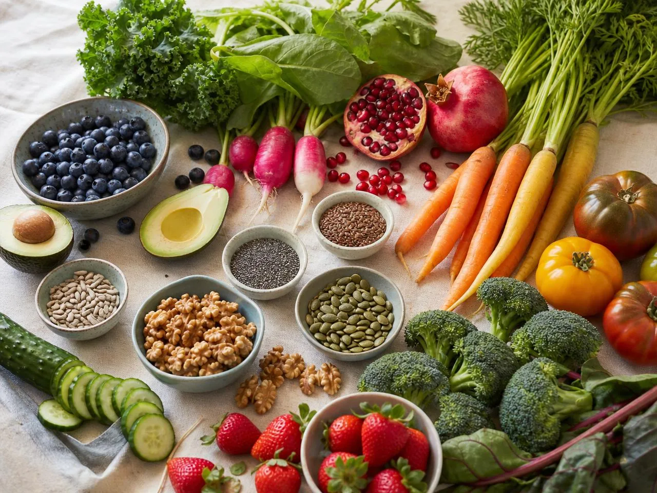 Fresh fruits, vegetables, seeds and nuts arranged on a light surface
