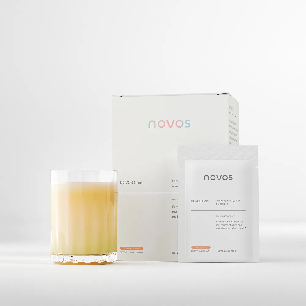 NOVOS Core product: box, sachet, and mixed drink