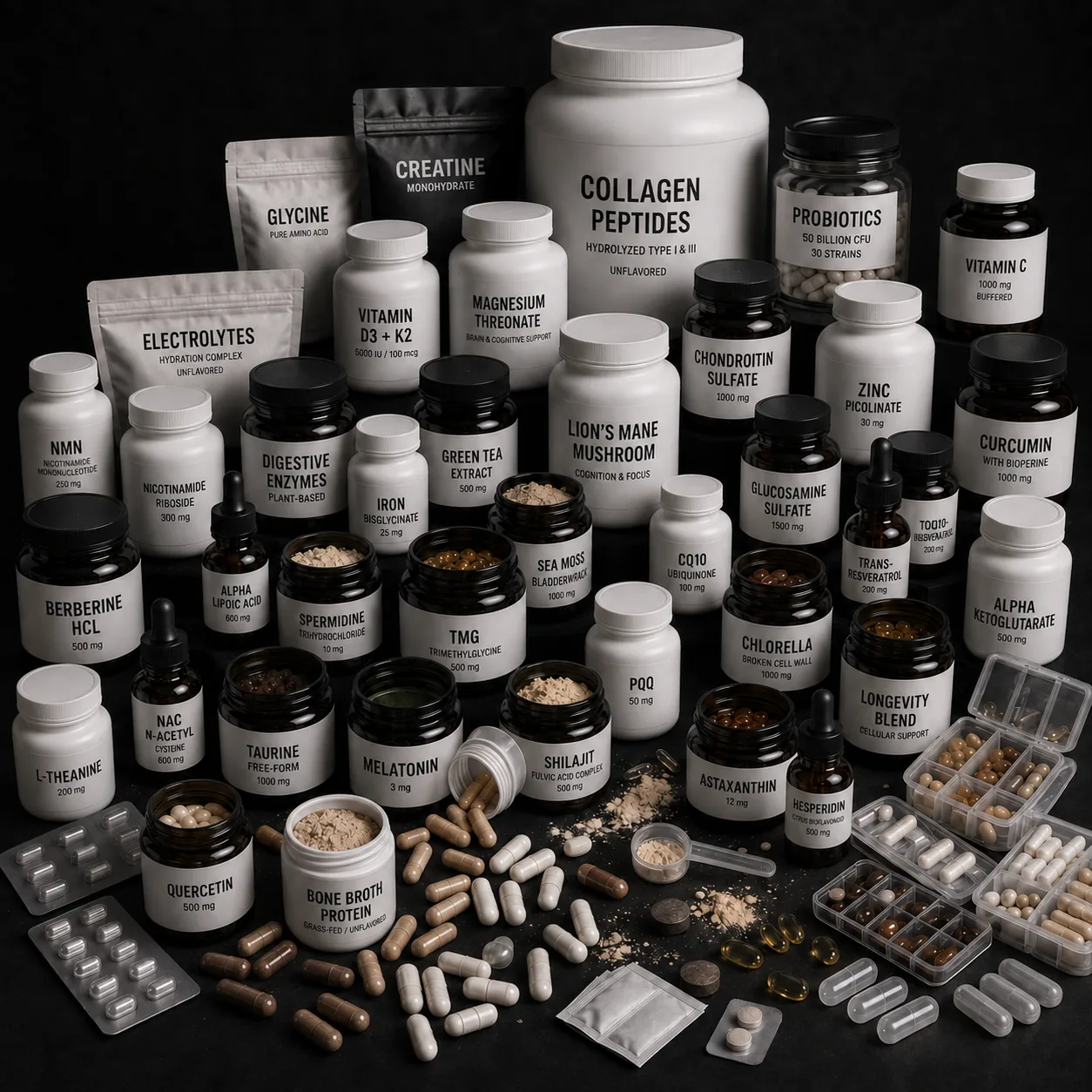 Unbranded single-ingredient supplement jars and bottles