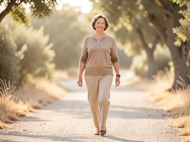 Woman walking outdoors in morning sunlight