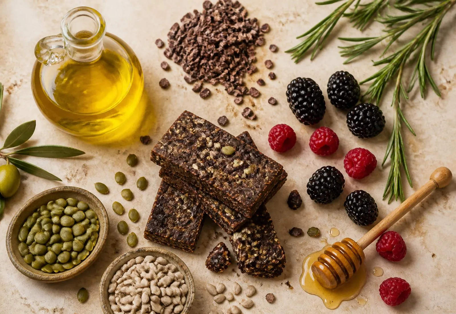Olive oil, cocoa, rosemary, berries, honey ingredients