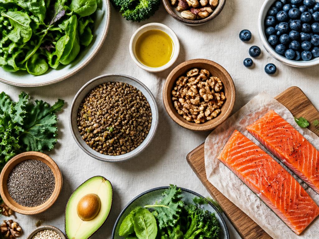 Leafy greens, lentils, walnuts, berries and olive oil