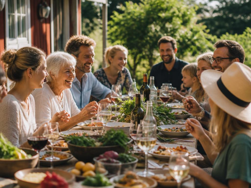 Friends of different ages sharing a meal outdoors