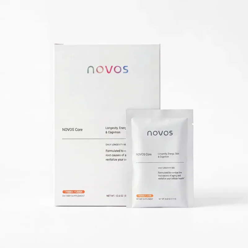 NOVOS Core box beside a single NOVOS Core sachet