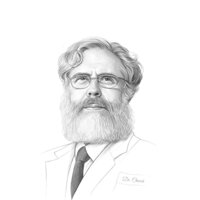 Portrait illustration of Dr. George Church, PhD