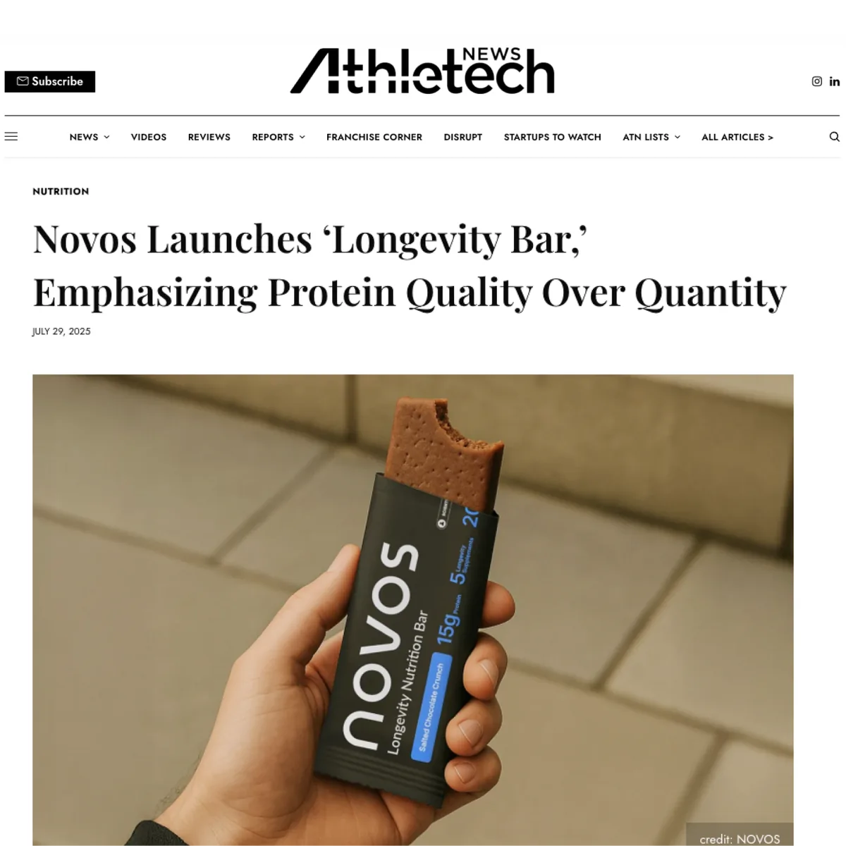 Athletech News: Novos Launches ‘Longevity Bar,’ Emphasizing Protein Quality Over Quantity