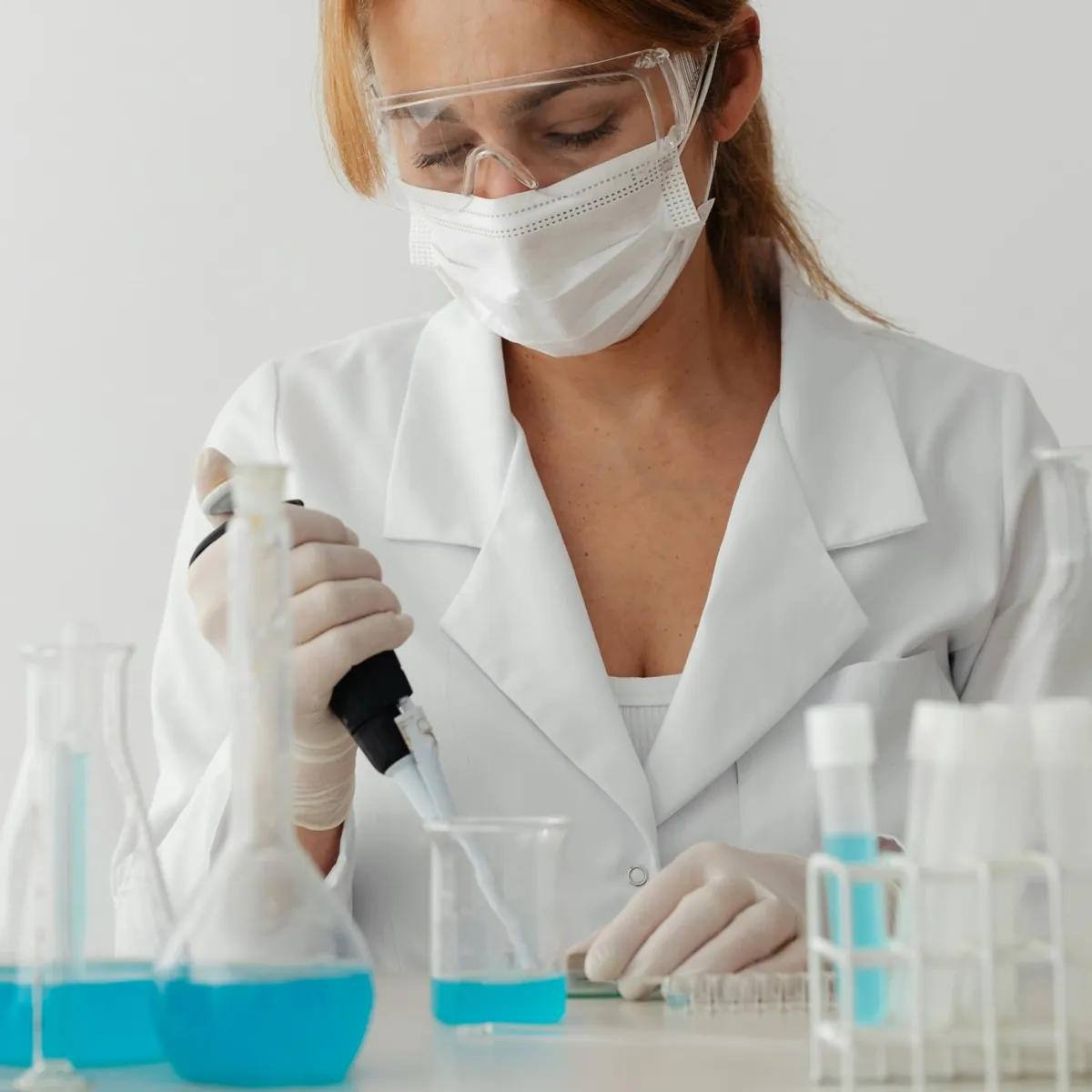 Scientist pipetting a blue solution in a laboratory