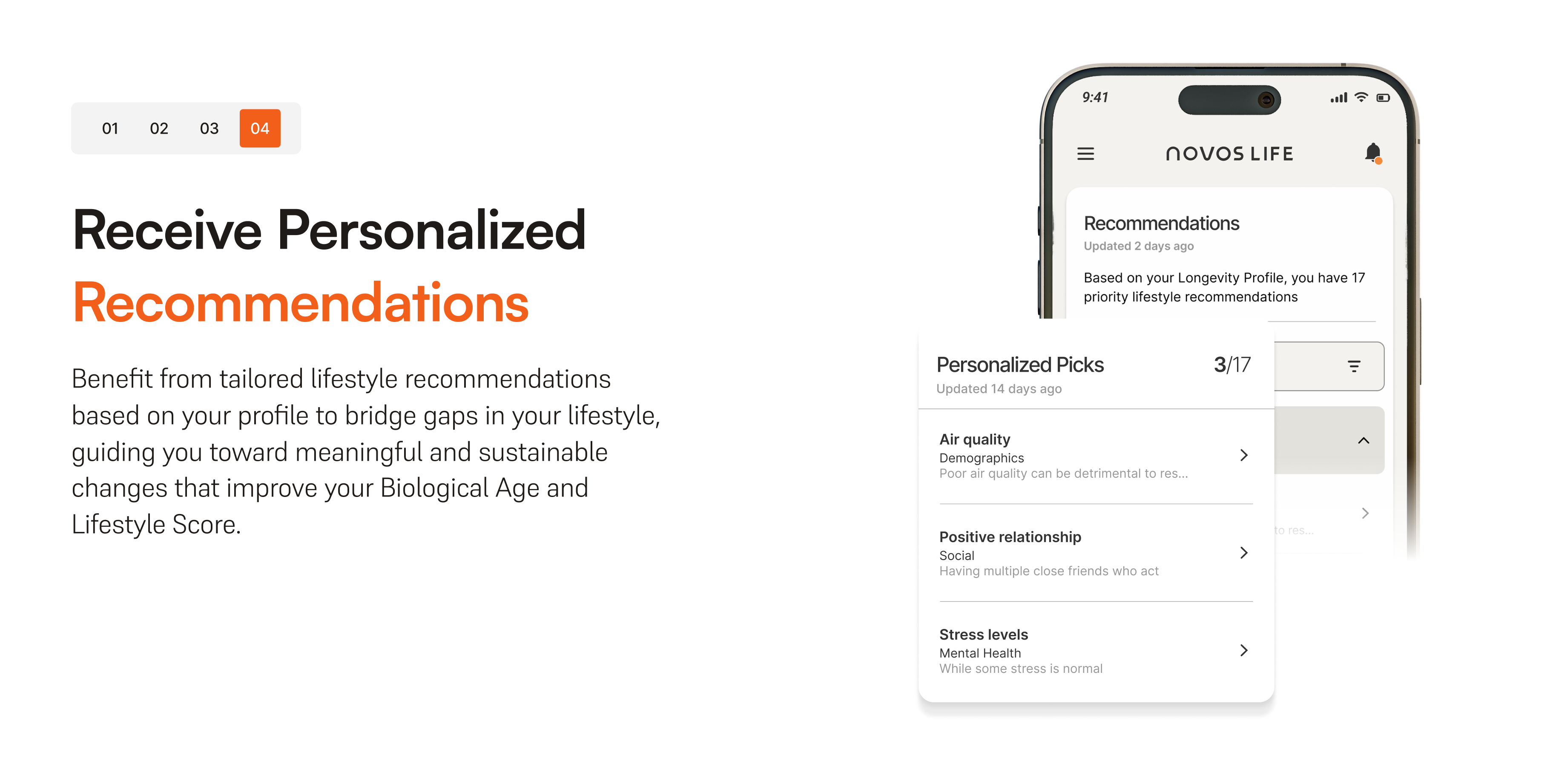 NOVOS Life longevity insights screen